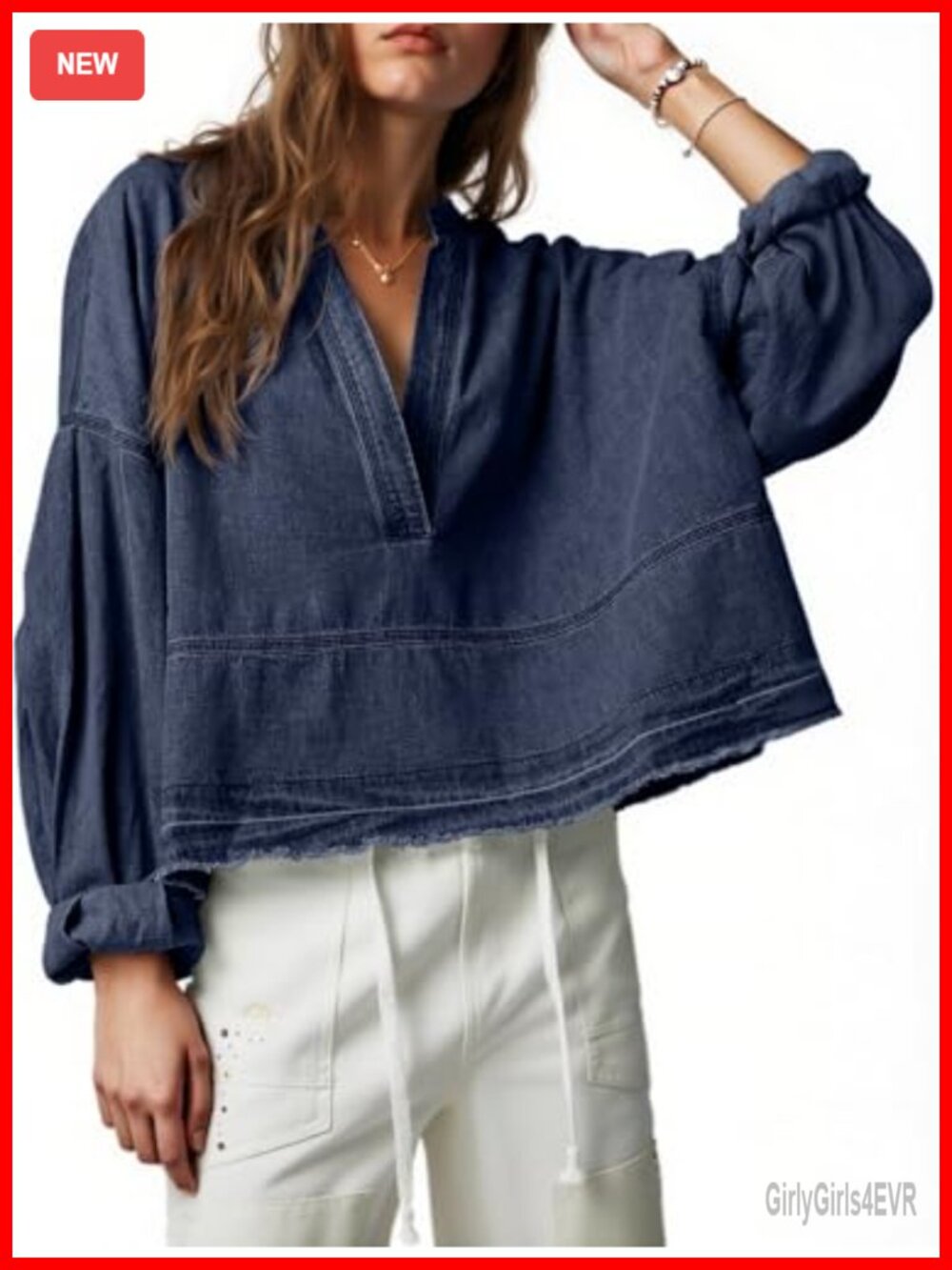 Womens Denim Top Puff Long Sleeve V Neck Casual Pullover Jean Shirt